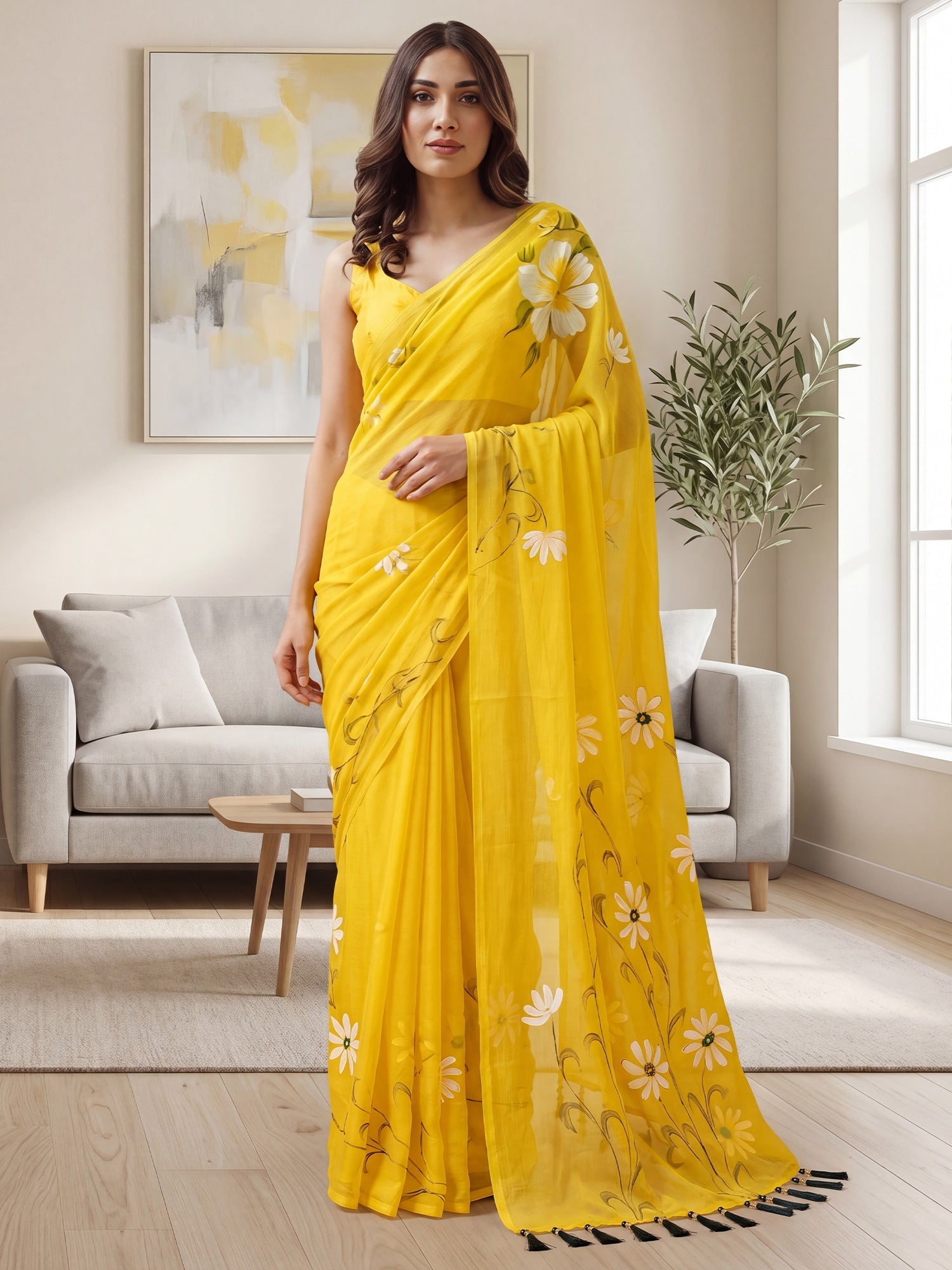 Bright Yellow Hand Painted Saree - Ressa