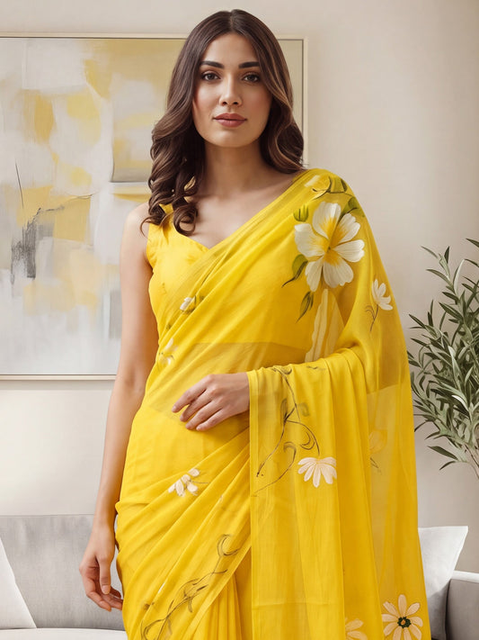 Bright Yellow Hand Painted Saree - Ressa