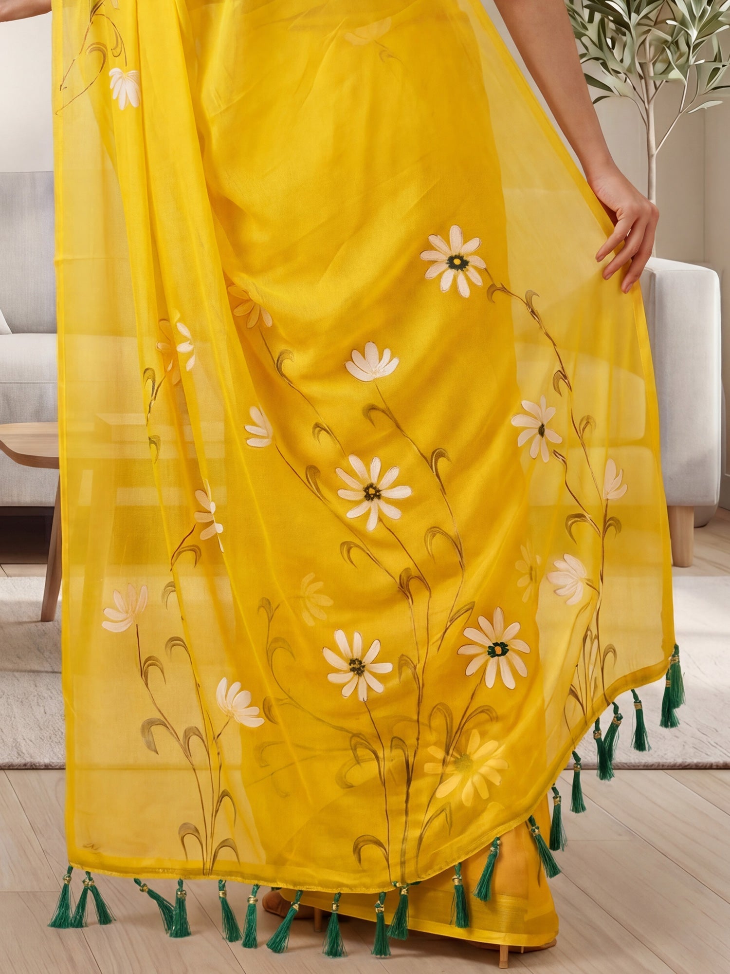 Bright Yellow Hand Painted Saree - Ressa
