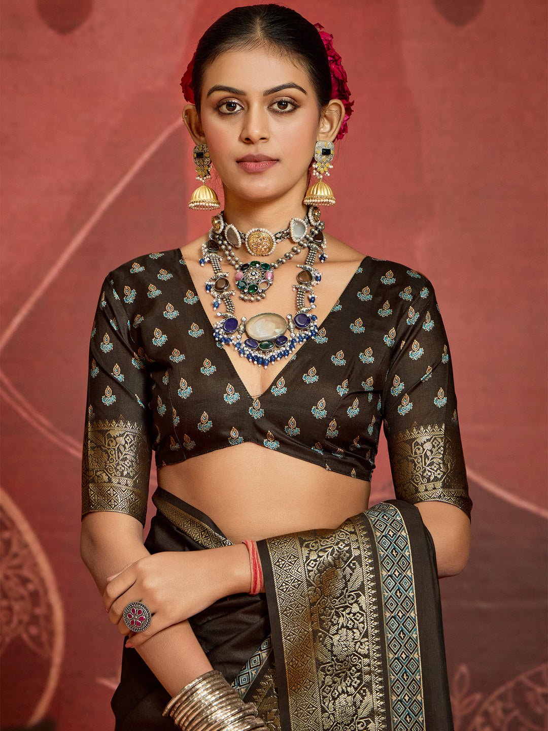 Brown Banarasi Silk Saree with Meenakari Pallu - Ressa