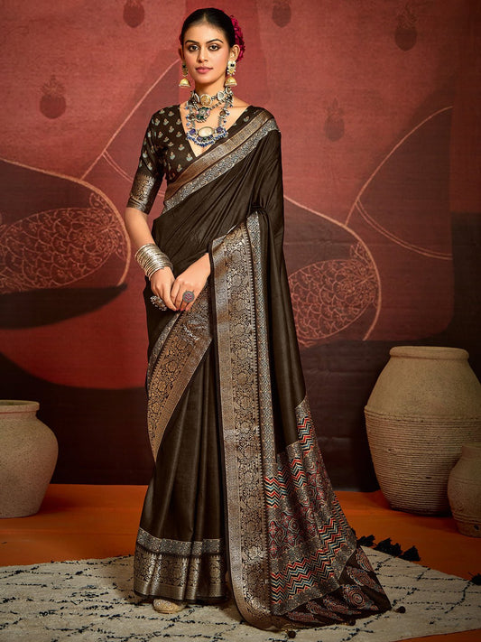 Brown Banarasi Silk Saree with Meenakari Pallu - Ressa