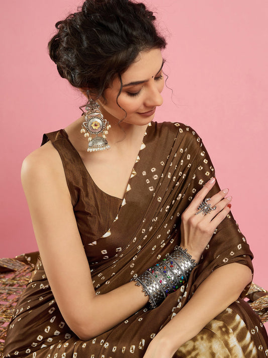 Brown Bandhani Print Silk Saree - Ressa