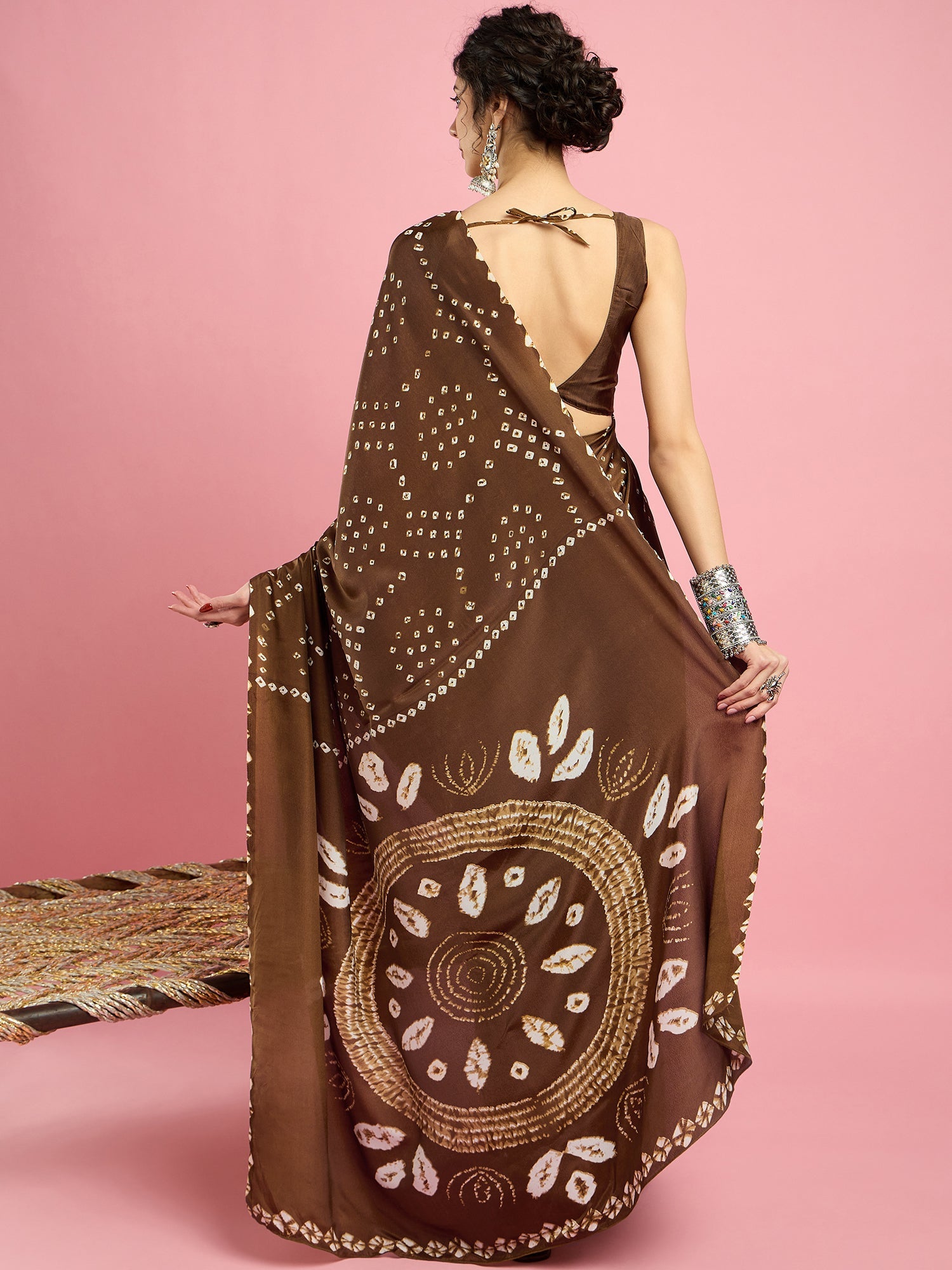 Brown Bandhani Print Silk Saree - Ressa