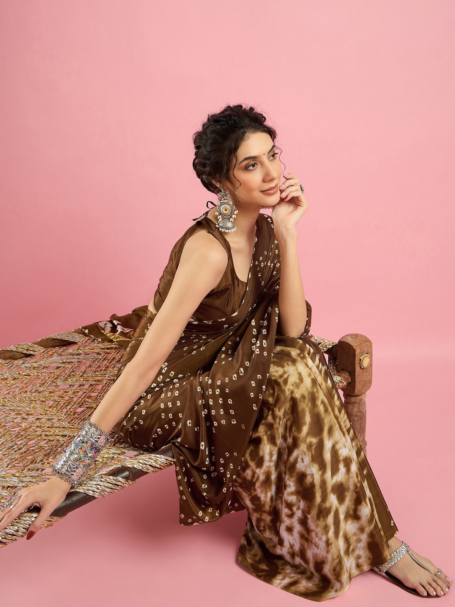 Brown Bandhani Print Silk Saree - Ressa