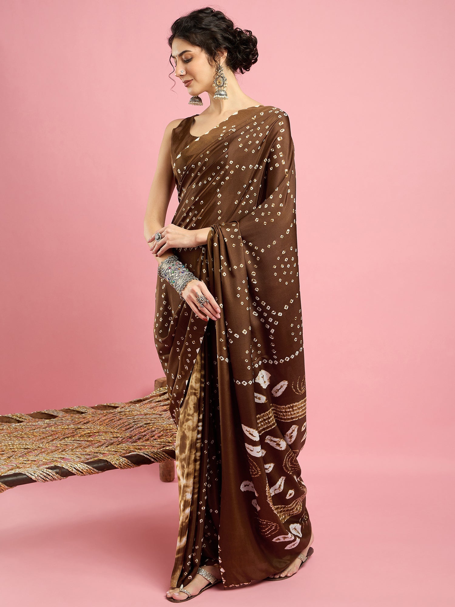 Brown Bandhani Print Silk Saree - Ressa