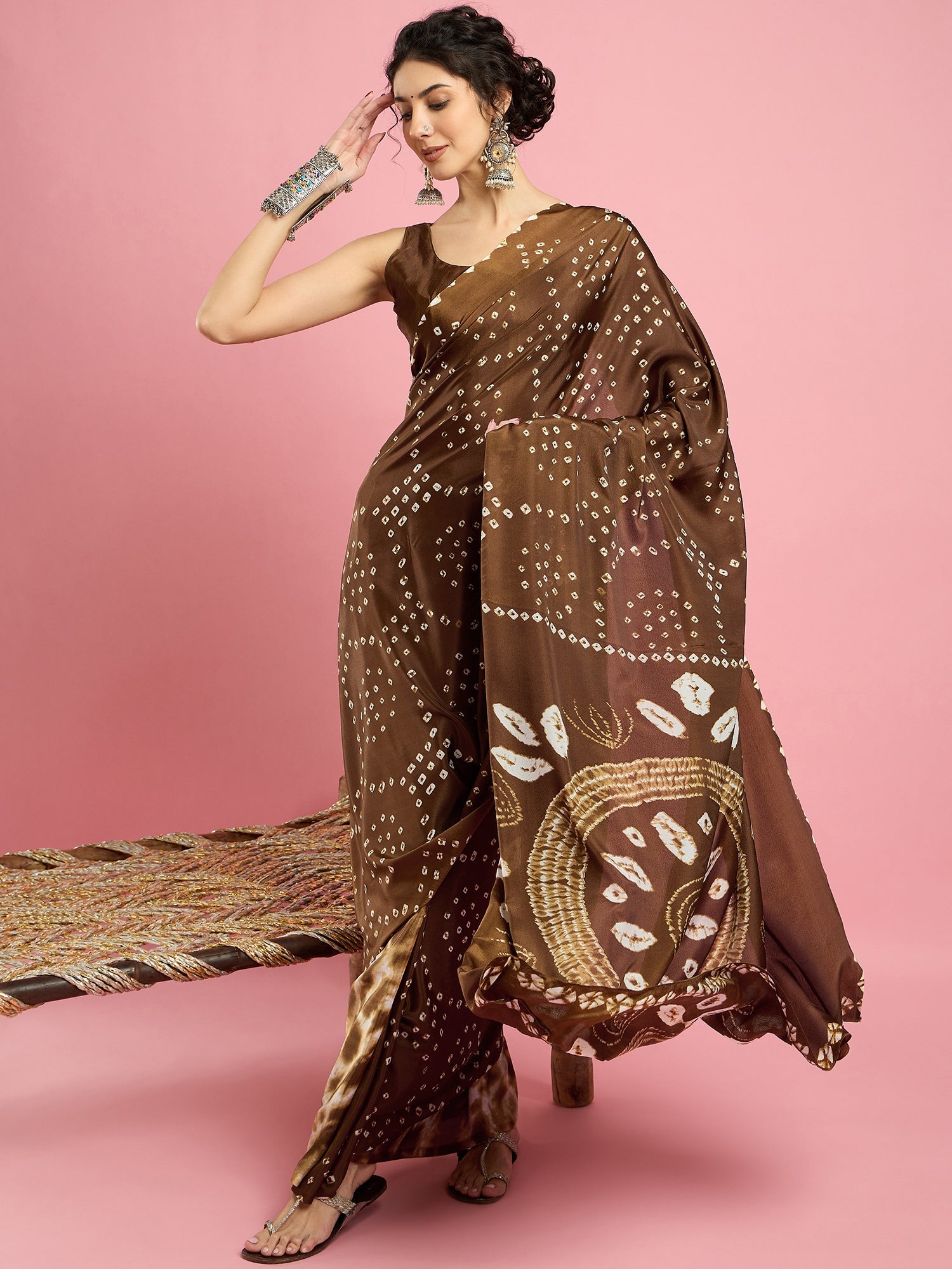 Brown Bandhani Print Silk Saree - Ressa