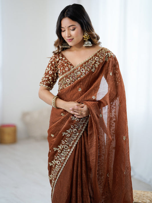 Brown Emblished Party Wear Saree - Ressa