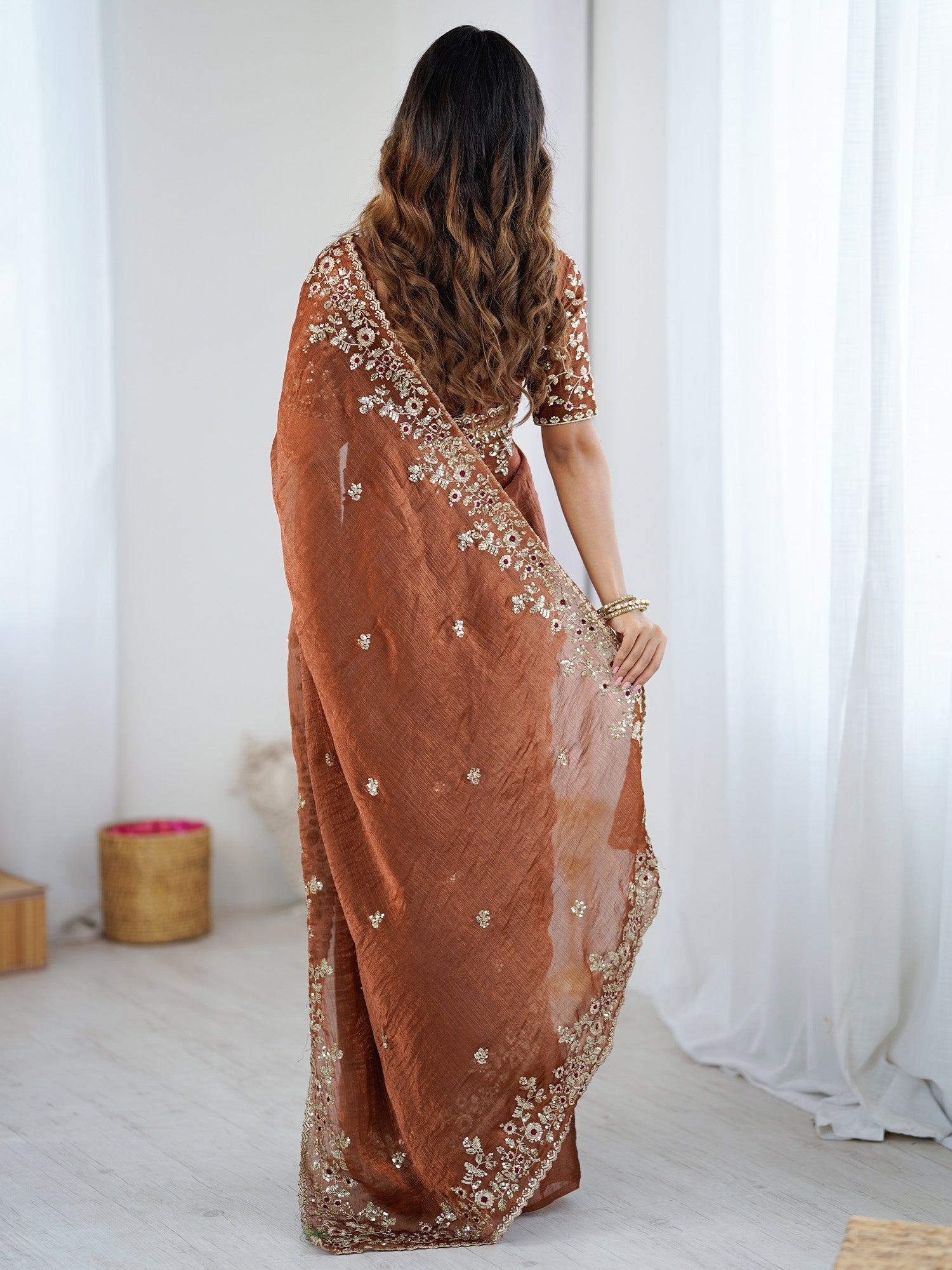 Brown Emblished Party Wear Saree - Ressa