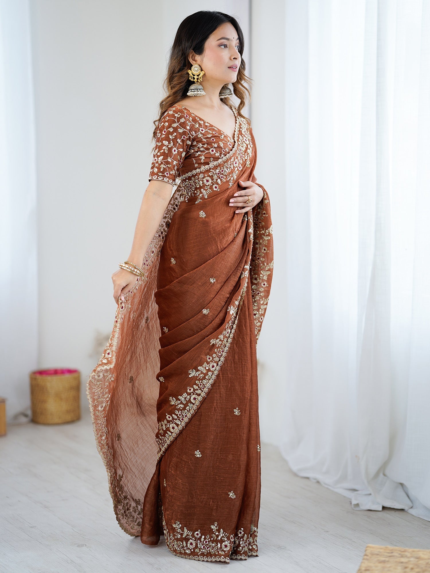 Brown Emblished Party Wear Saree - Ressa