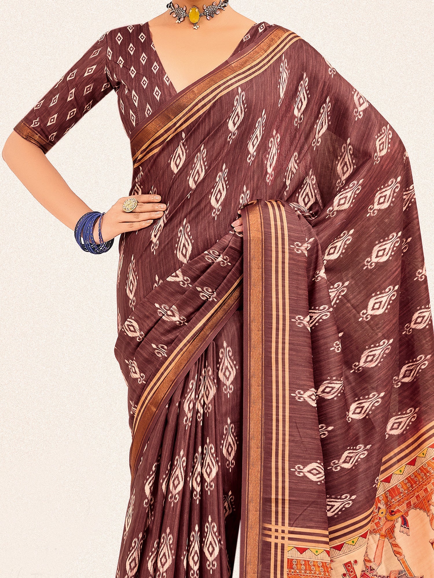 Brown Ikat Silk Saree with Pattachitra Pallu - Ressa