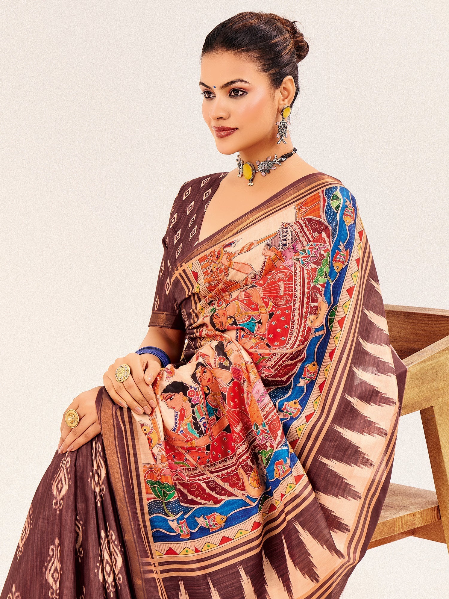 Brown Ikat Silk Saree with Pattachitra Pallu - Ressa