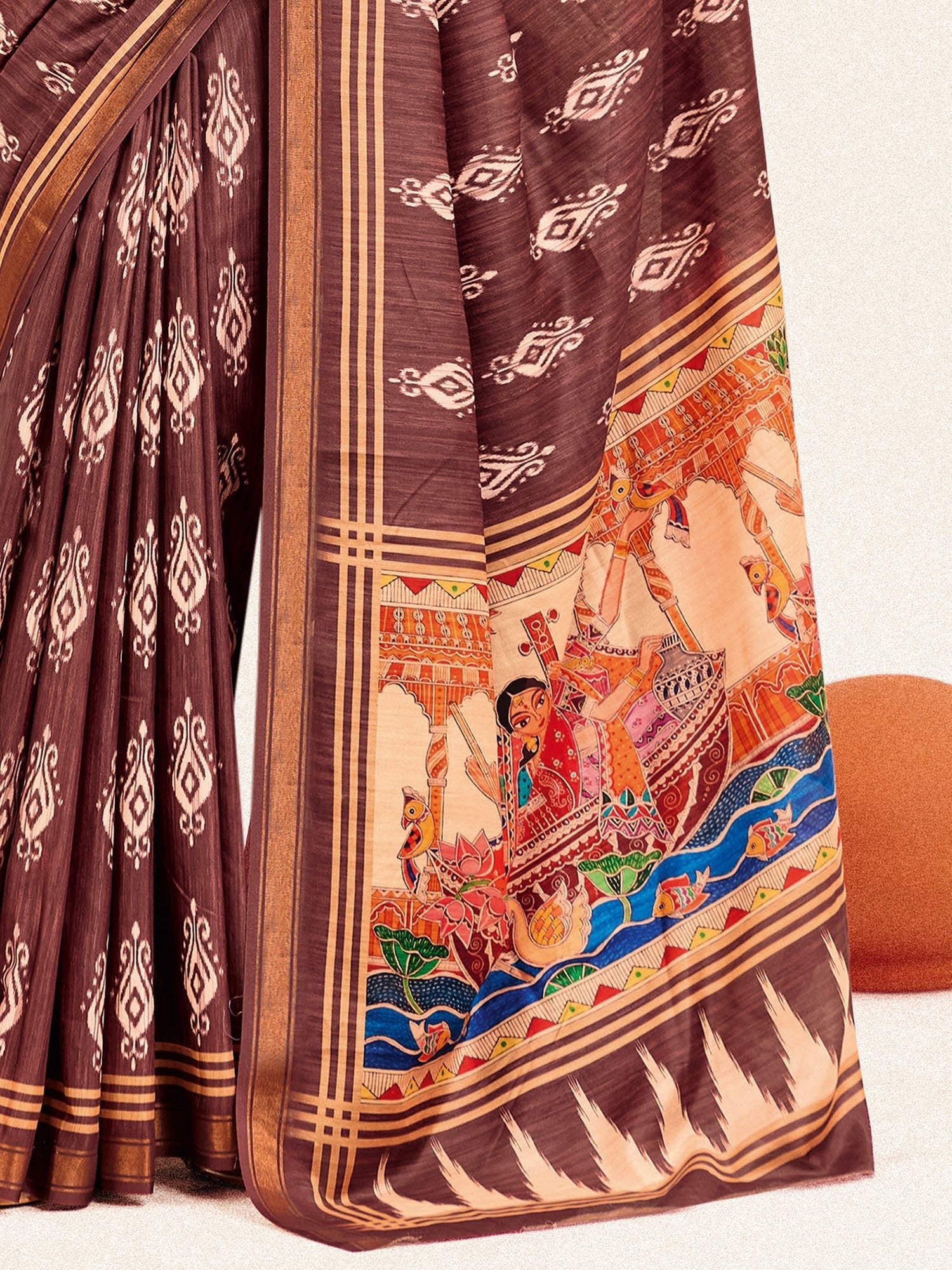 Brown Ikat Silk Saree with Pattachitra Pallu - Ressa