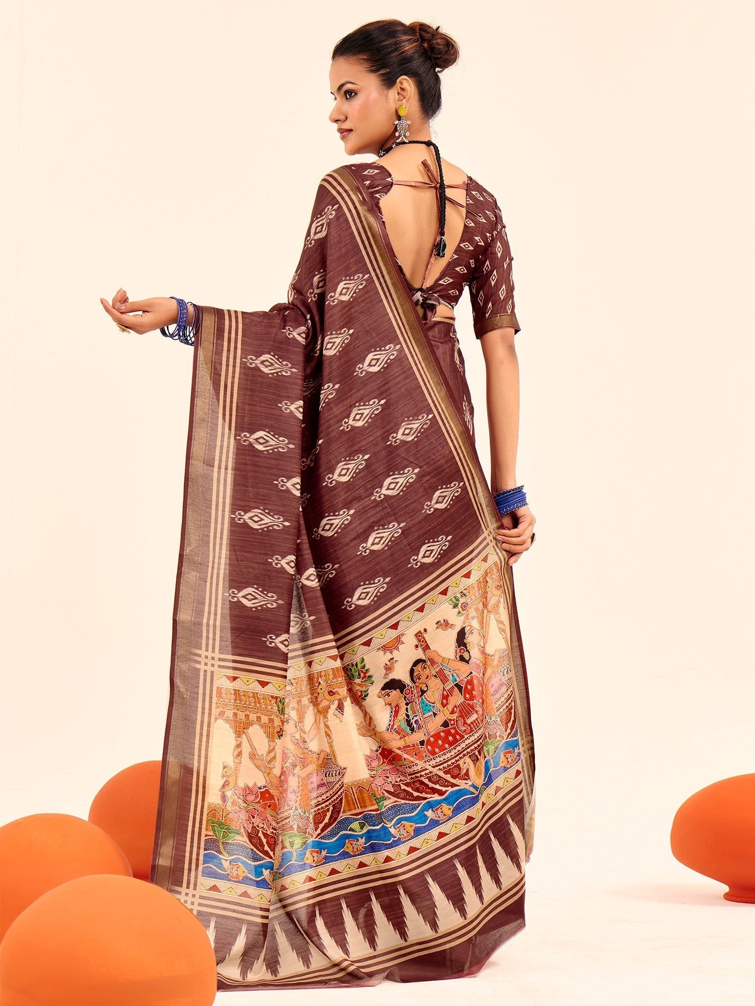 Brown Ikat Silk Saree with Pattachitra Pallu - Ressa