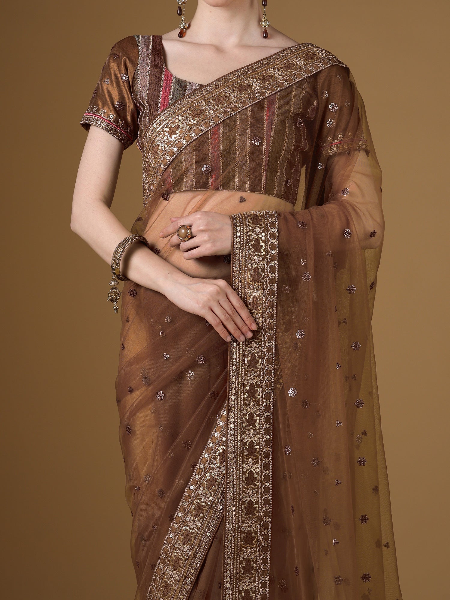 Brown Organza Embroidered Saree with Stitched Blouse - Ressa