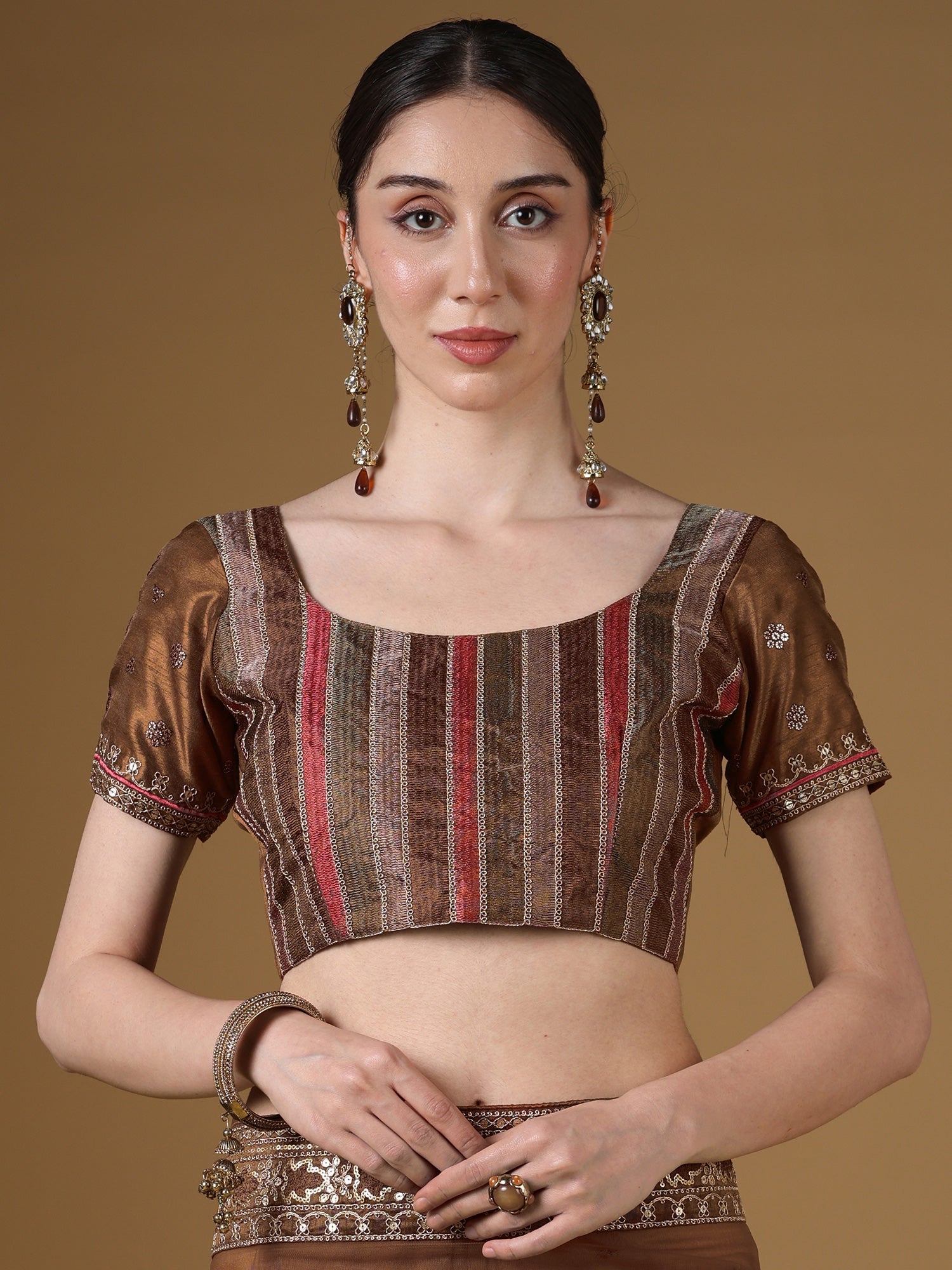 Brown Organza Embroidered Saree with Stitched Blouse - Ressa
