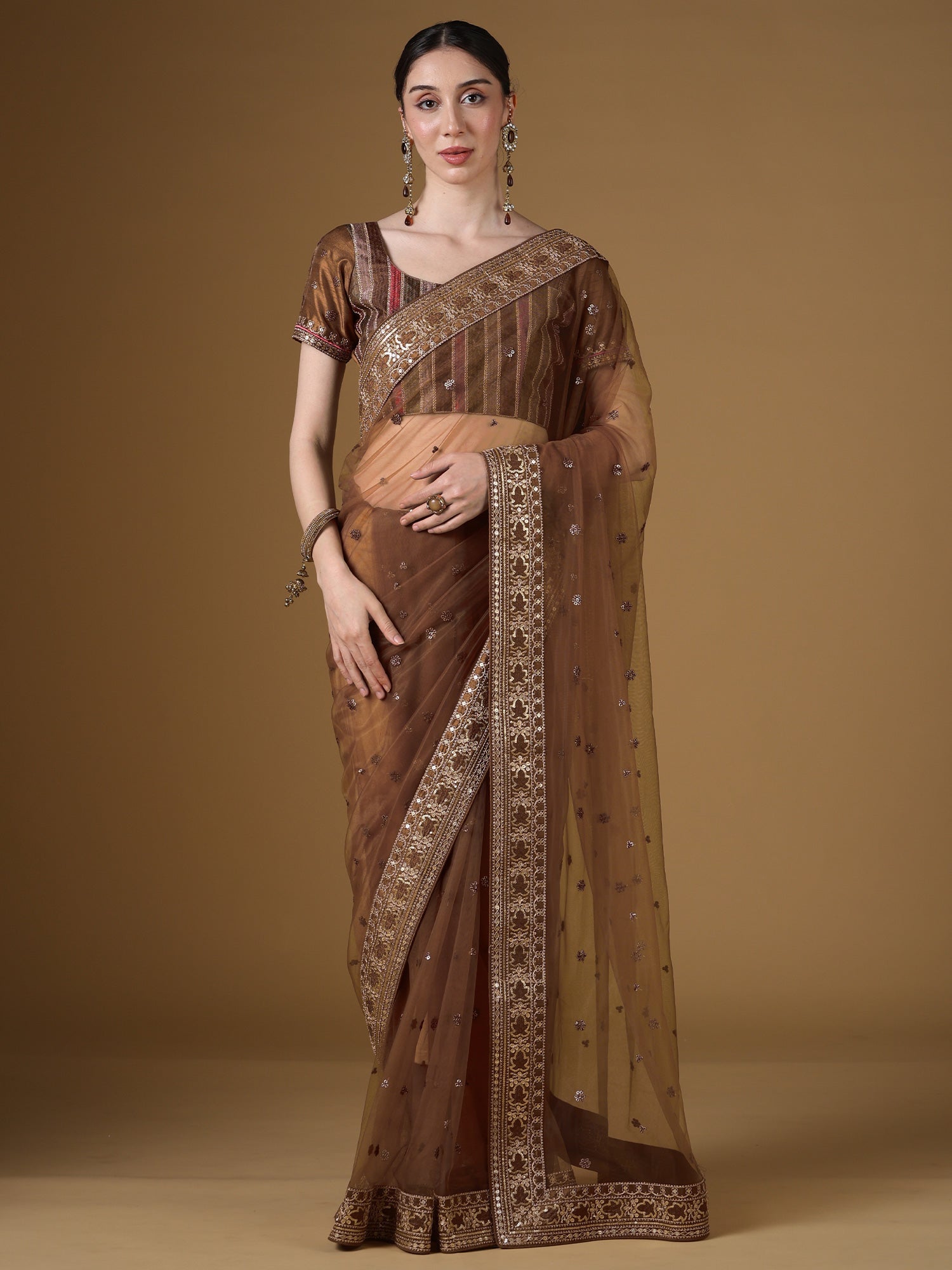 Brown Organza Embroidered Saree with Stitched Blouse - Ressa
