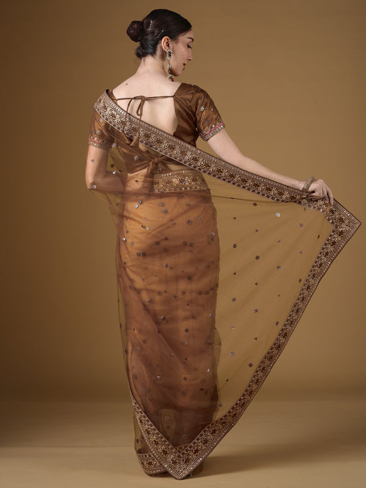 Brown Organza Embroidered Saree with Stitched Blouse - Ressa