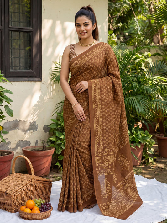 Brown Saree Madhubani Style Print Saree - Ressa