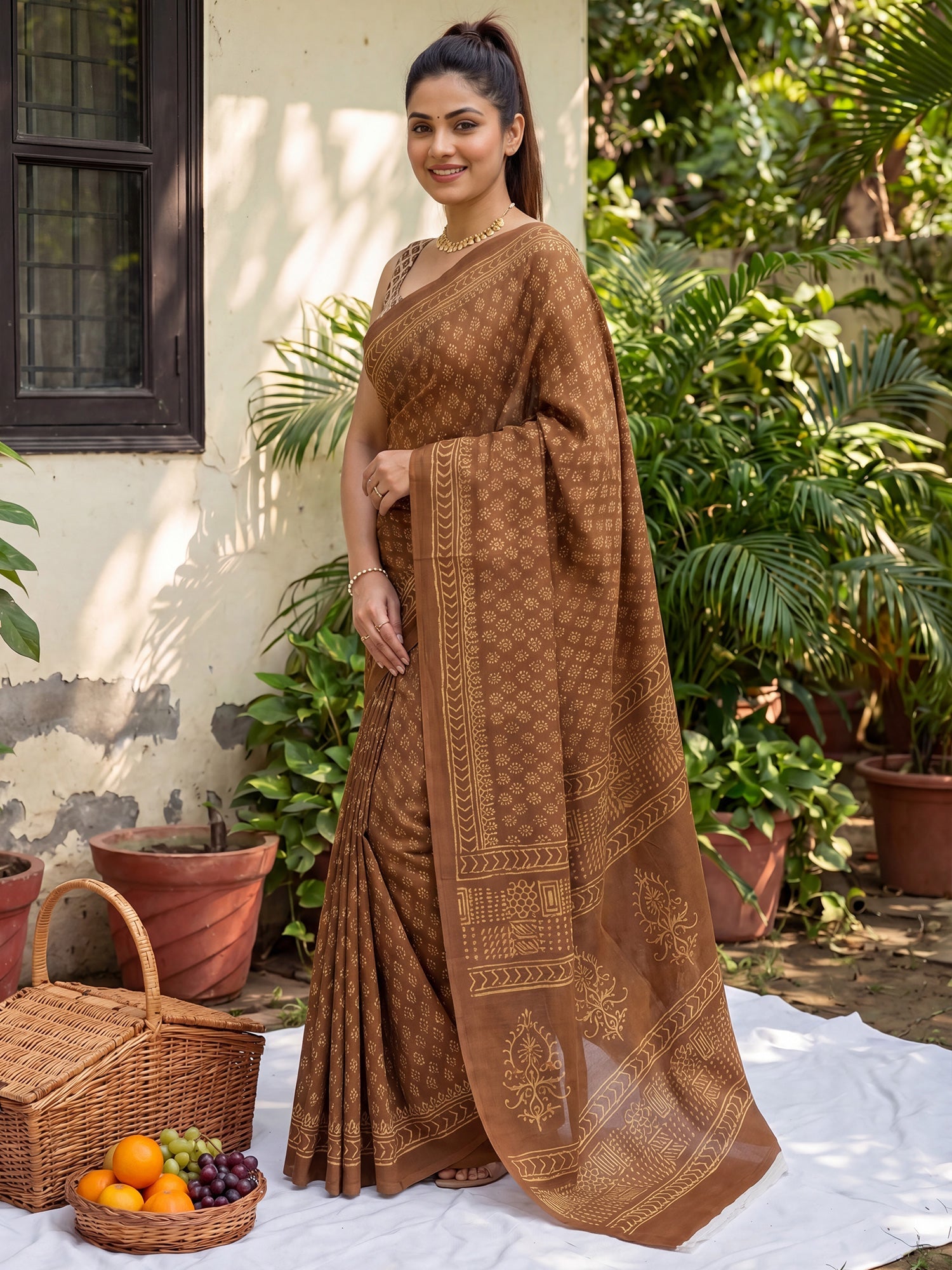 Brown Saree Madhubani Style Print Saree - Ressa