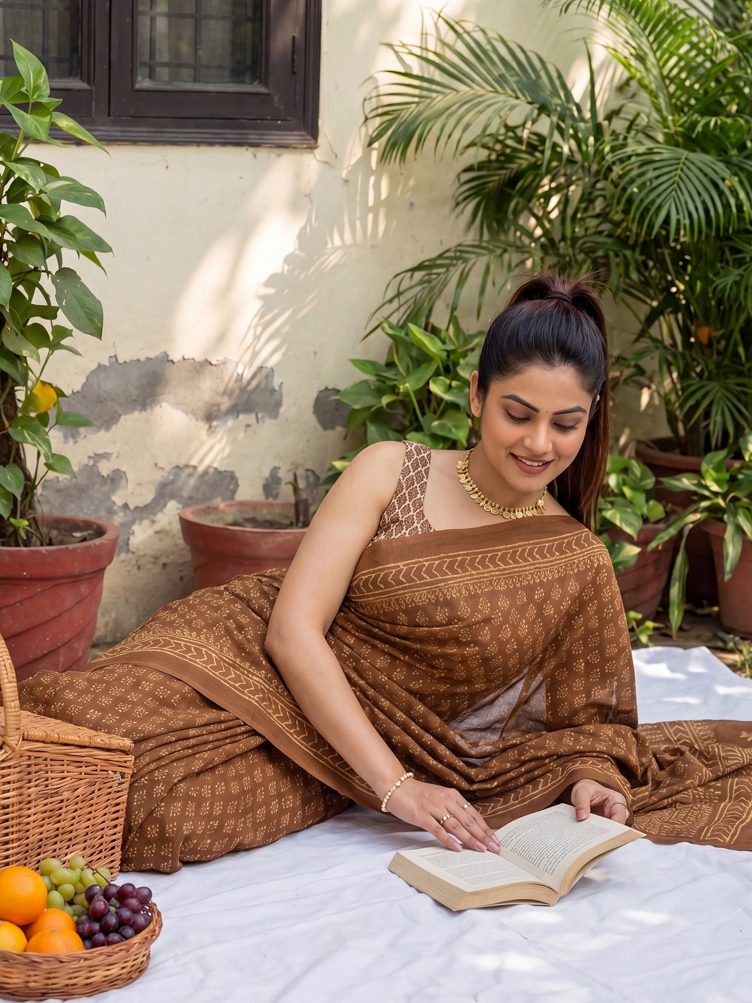 Brown Saree Madhubani Style Print Saree - Ressa
