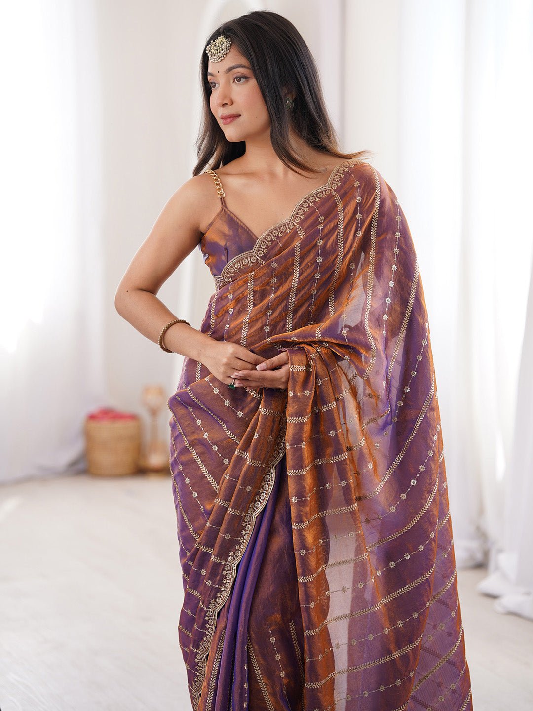 Brown Satin Emblished Party Wear Saree - Ressa
