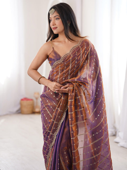 Brown Satin Emblished Party Wear Saree - Ressa