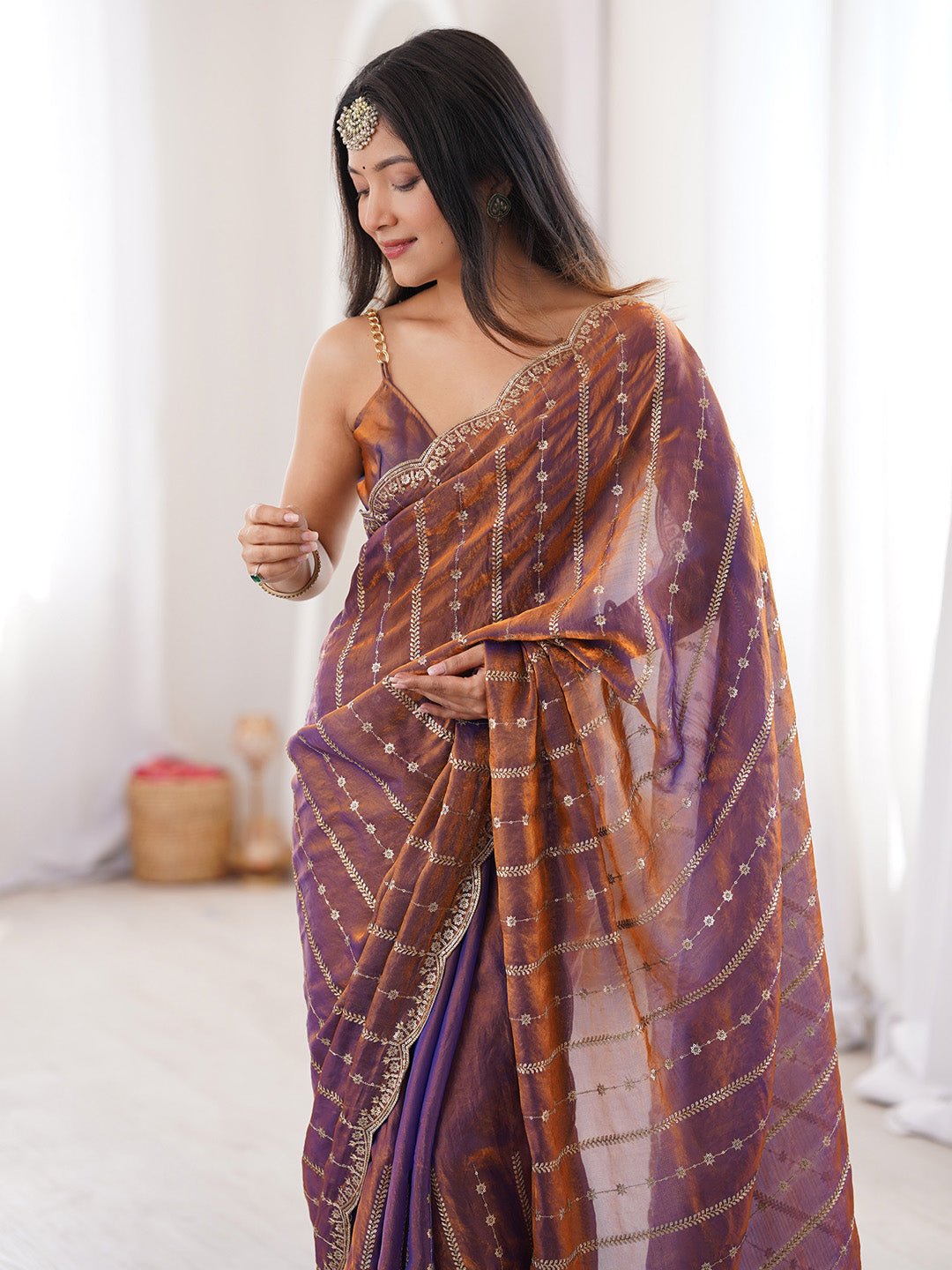 Brown Satin Emblished Party Wear Saree - Ressa
