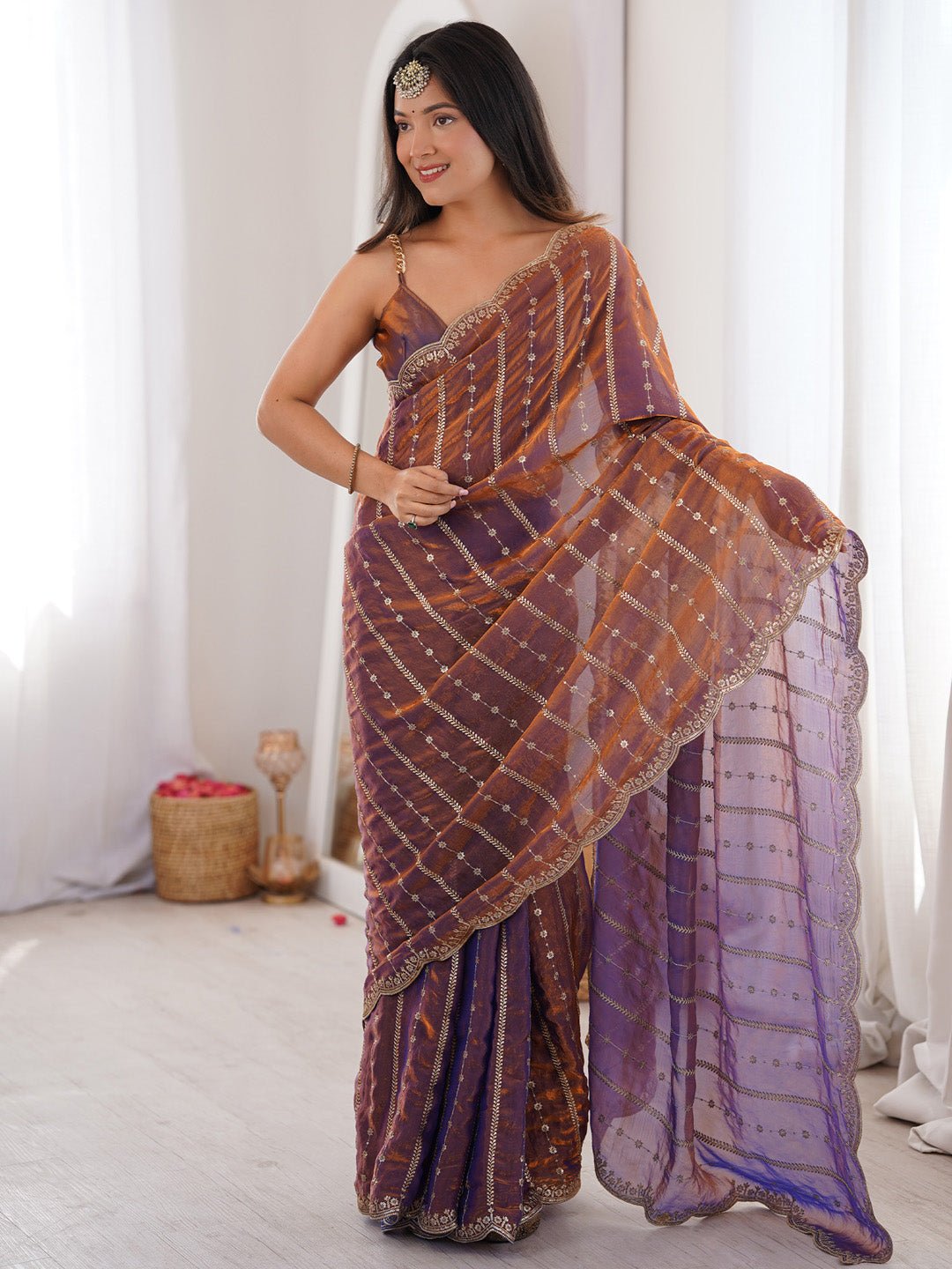 Brown Satin Emblished Party Wear Saree - Ressa