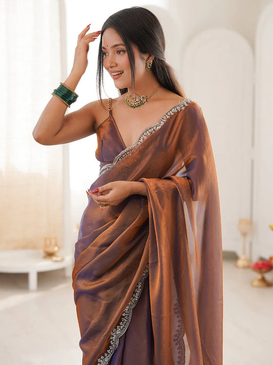 Brown Satin Emblished Party Wear Saree