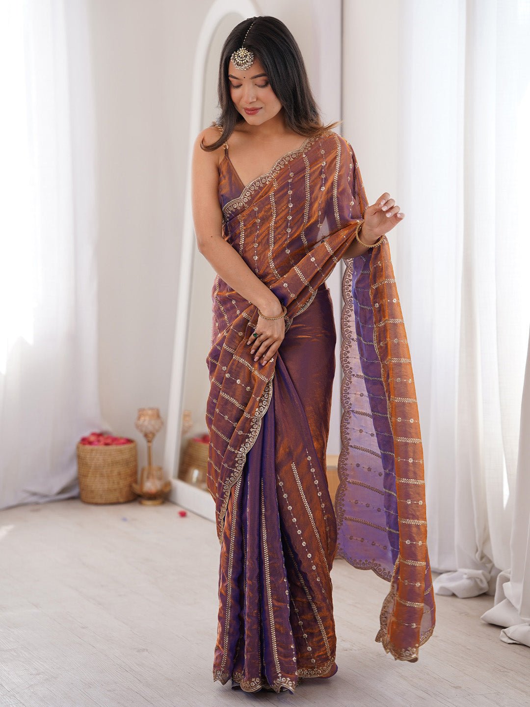 Brown Satin Emblished Party Wear Saree - Ressa