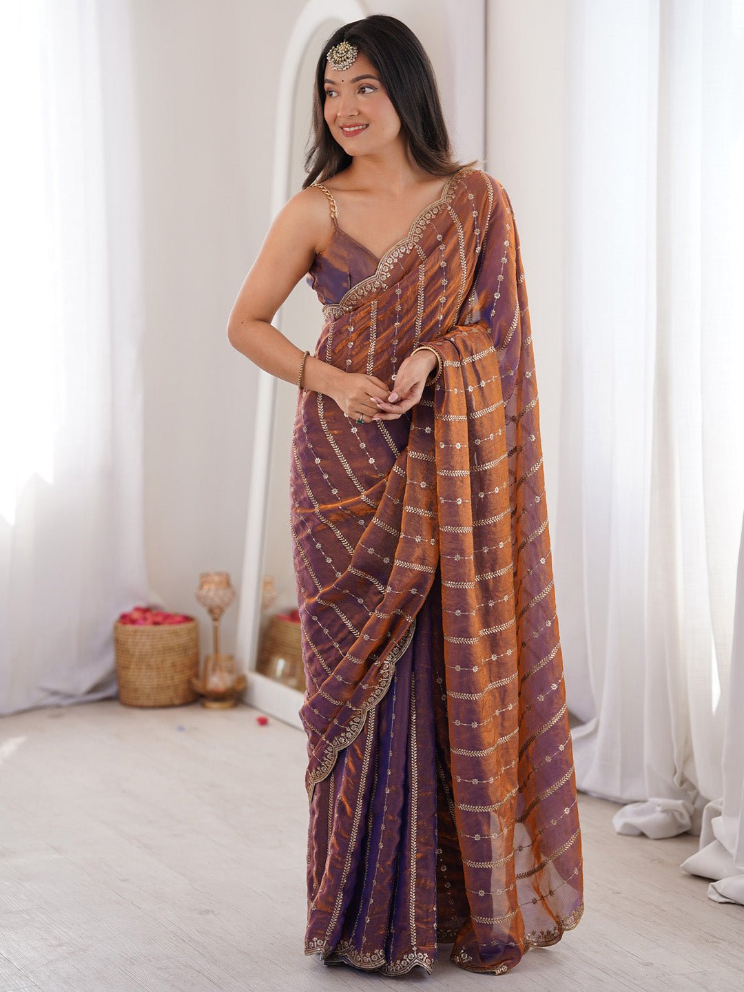 Brown Satin Emblished Party Wear Saree - Ressa
