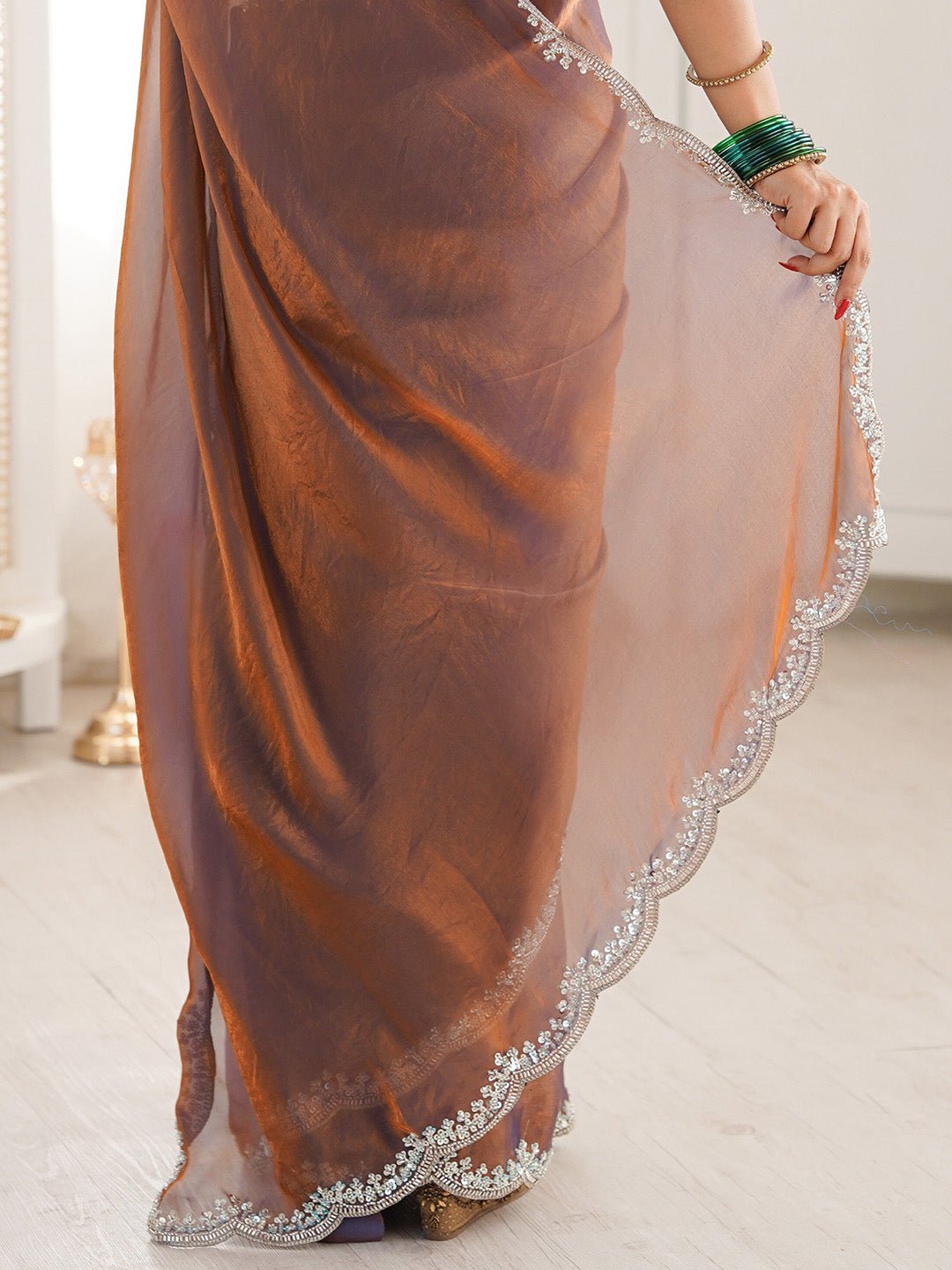Brown Satin Emblished Party Wear Saree - Ressa
