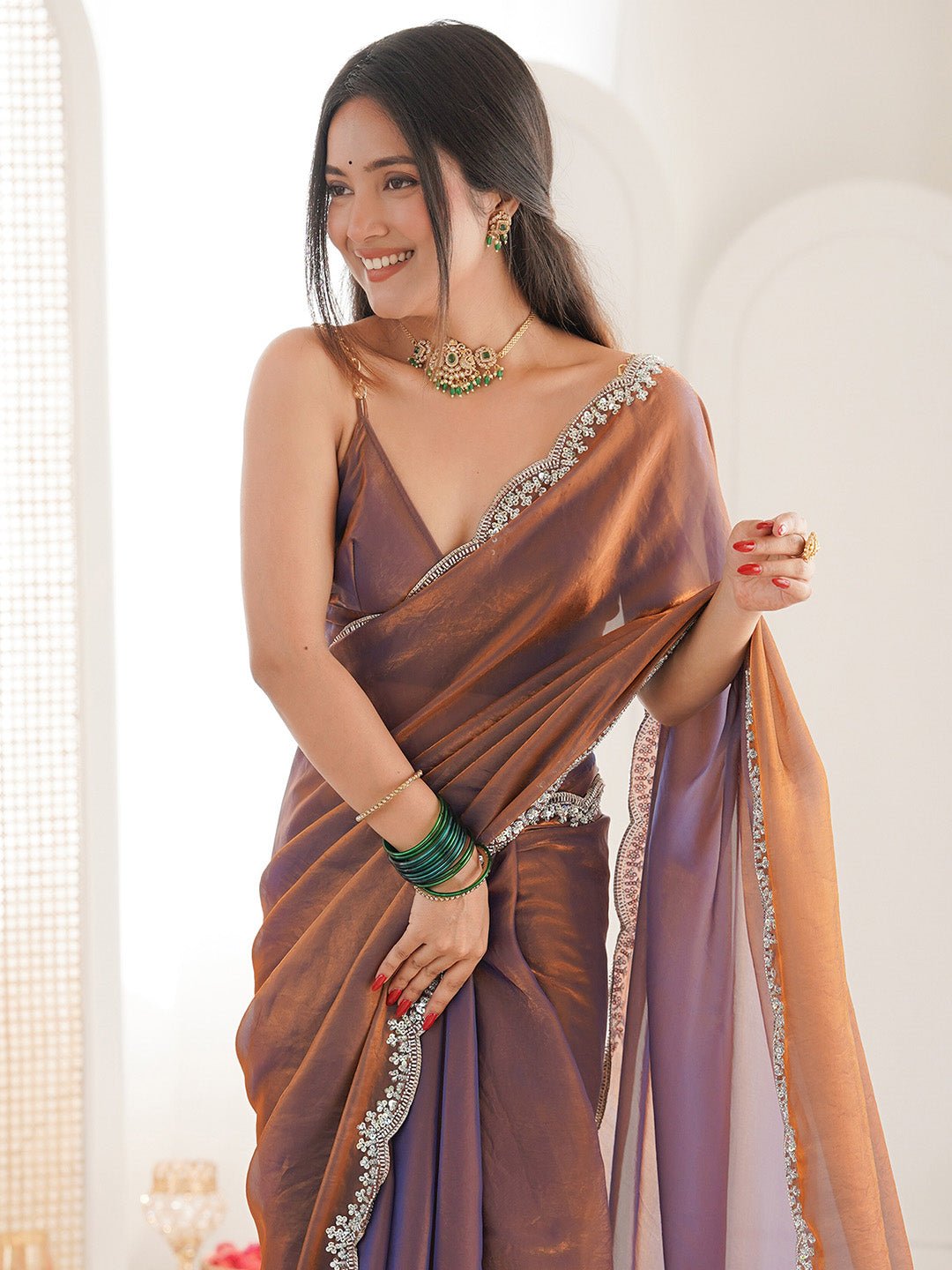 Brown Satin Emblished Party Wear Saree - Ressa