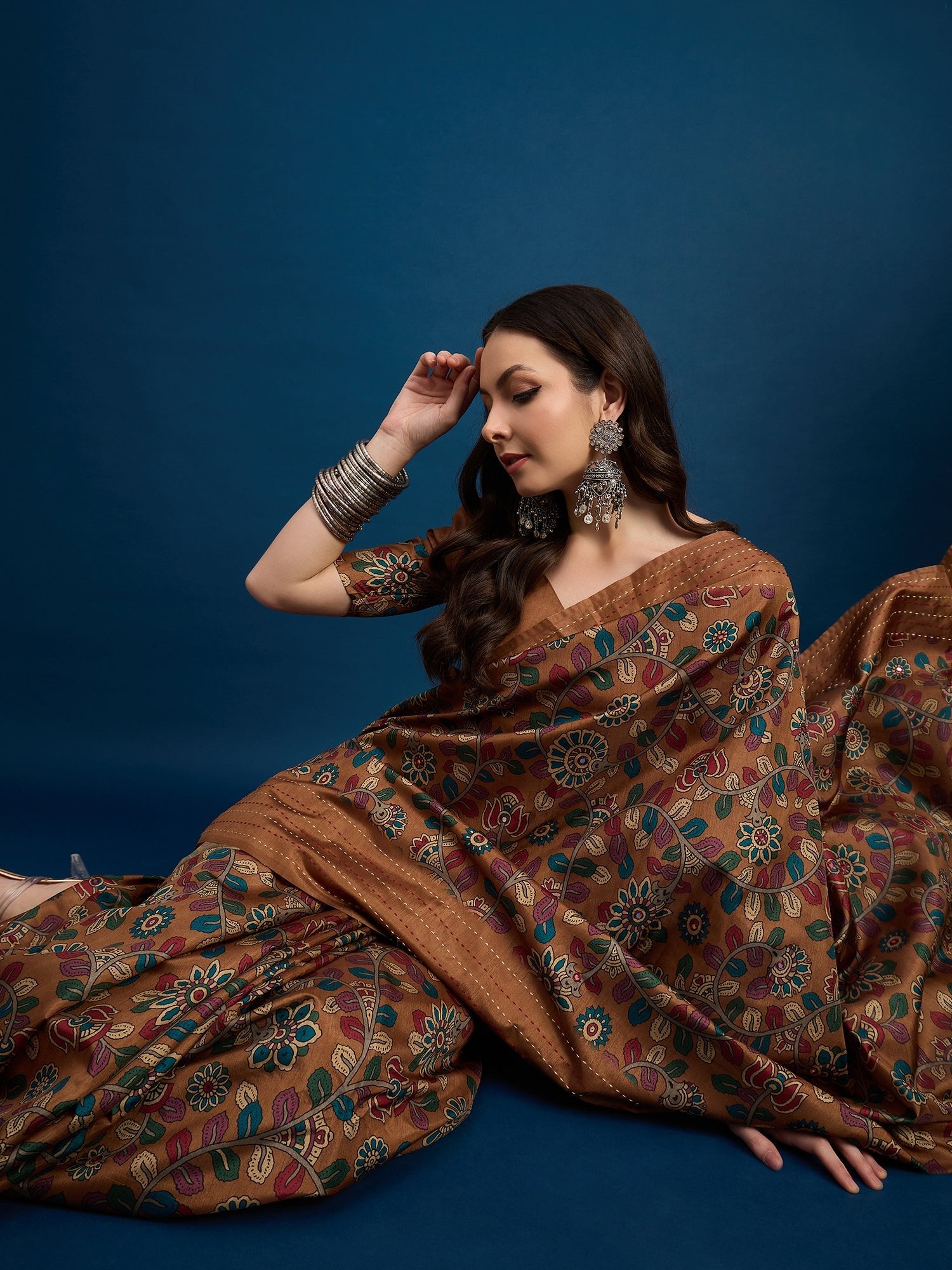 Brown Silk Blend Heritage Floral Print Zari Woven Border Saree - Ressa