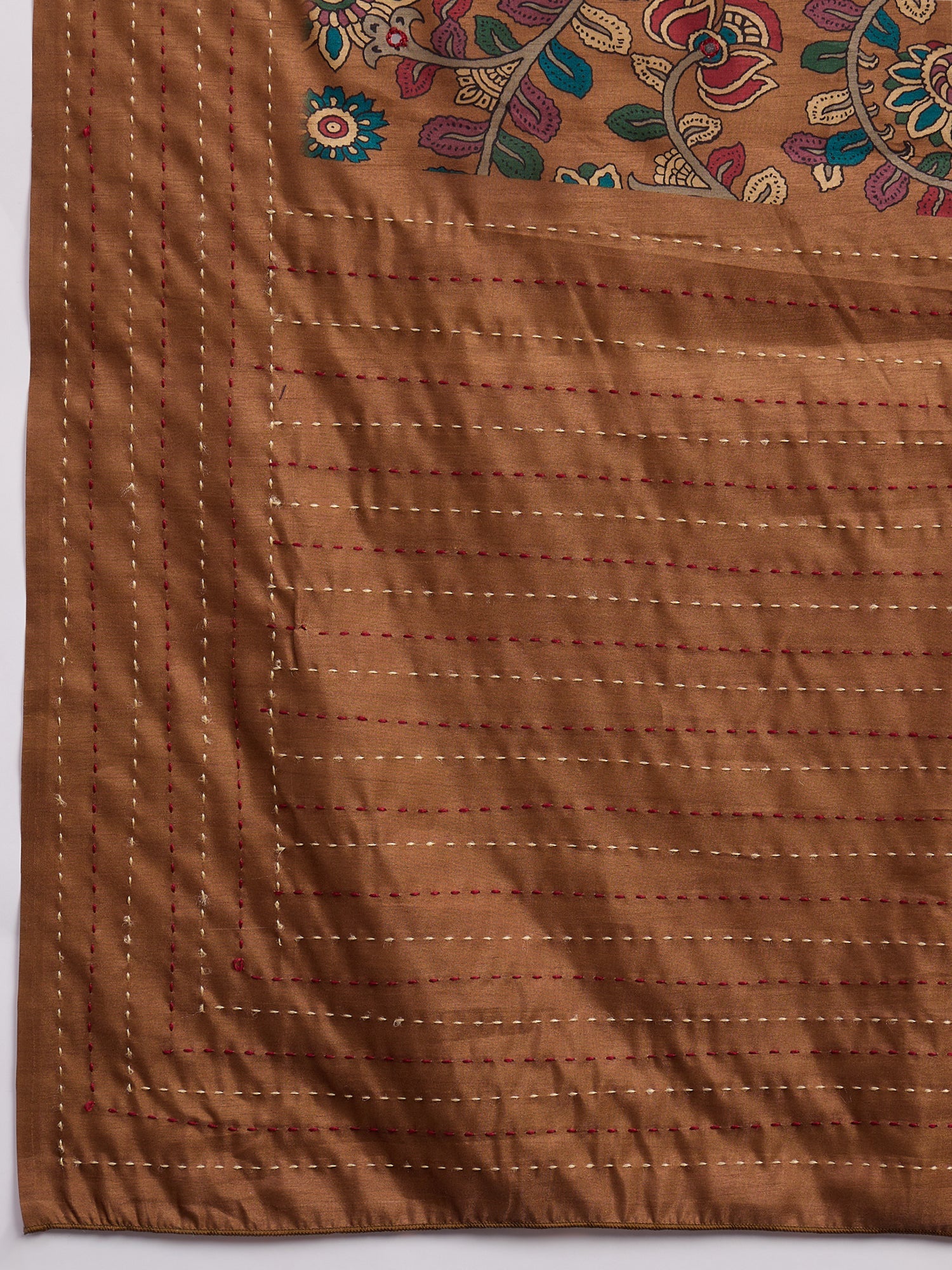 Brown Silk Blend Heritage Floral Print Zari Woven Border Saree - Ressa