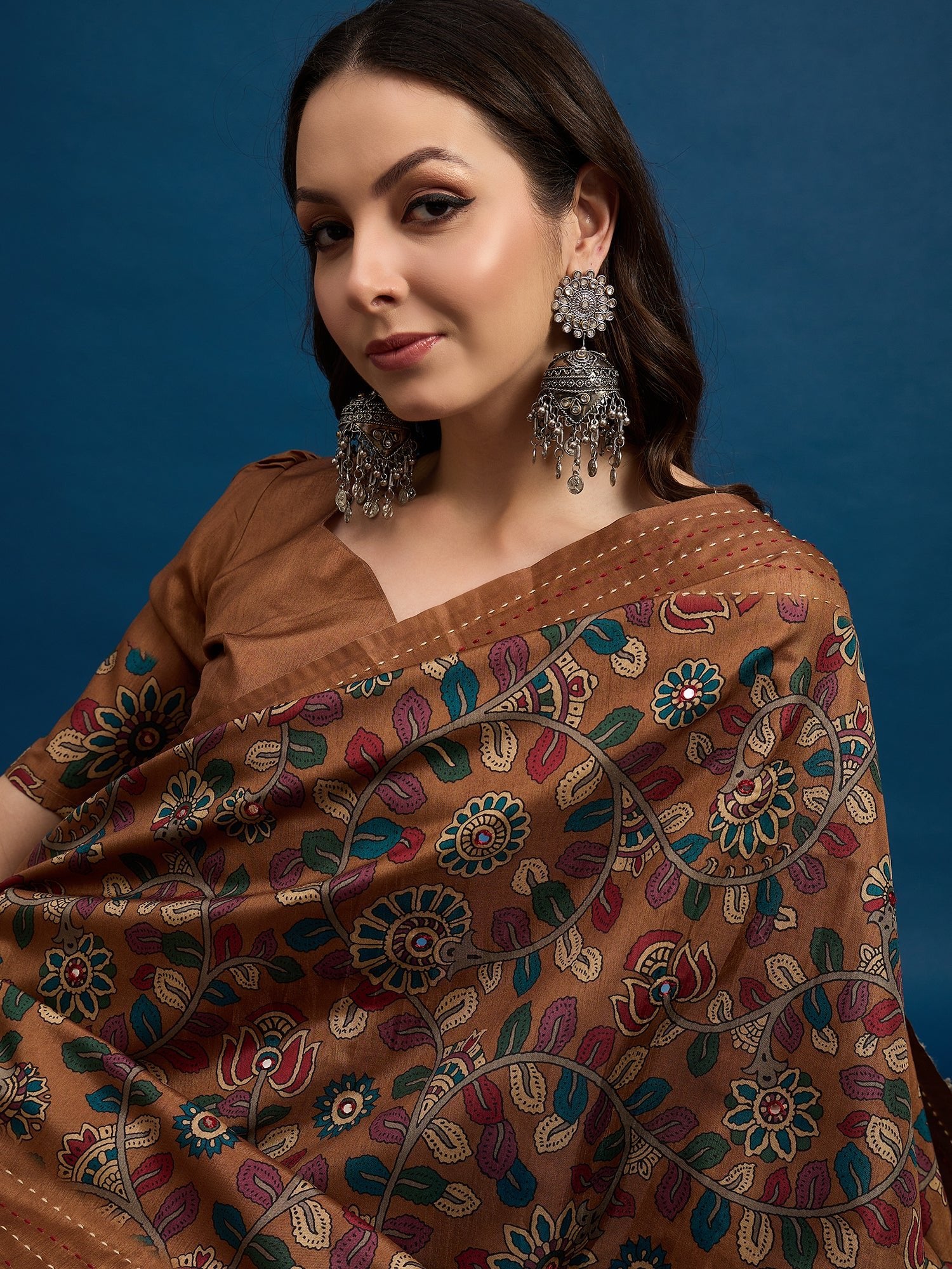 Brown Silk Blend Heritage Floral Print Zari Woven Border Saree - Ressa