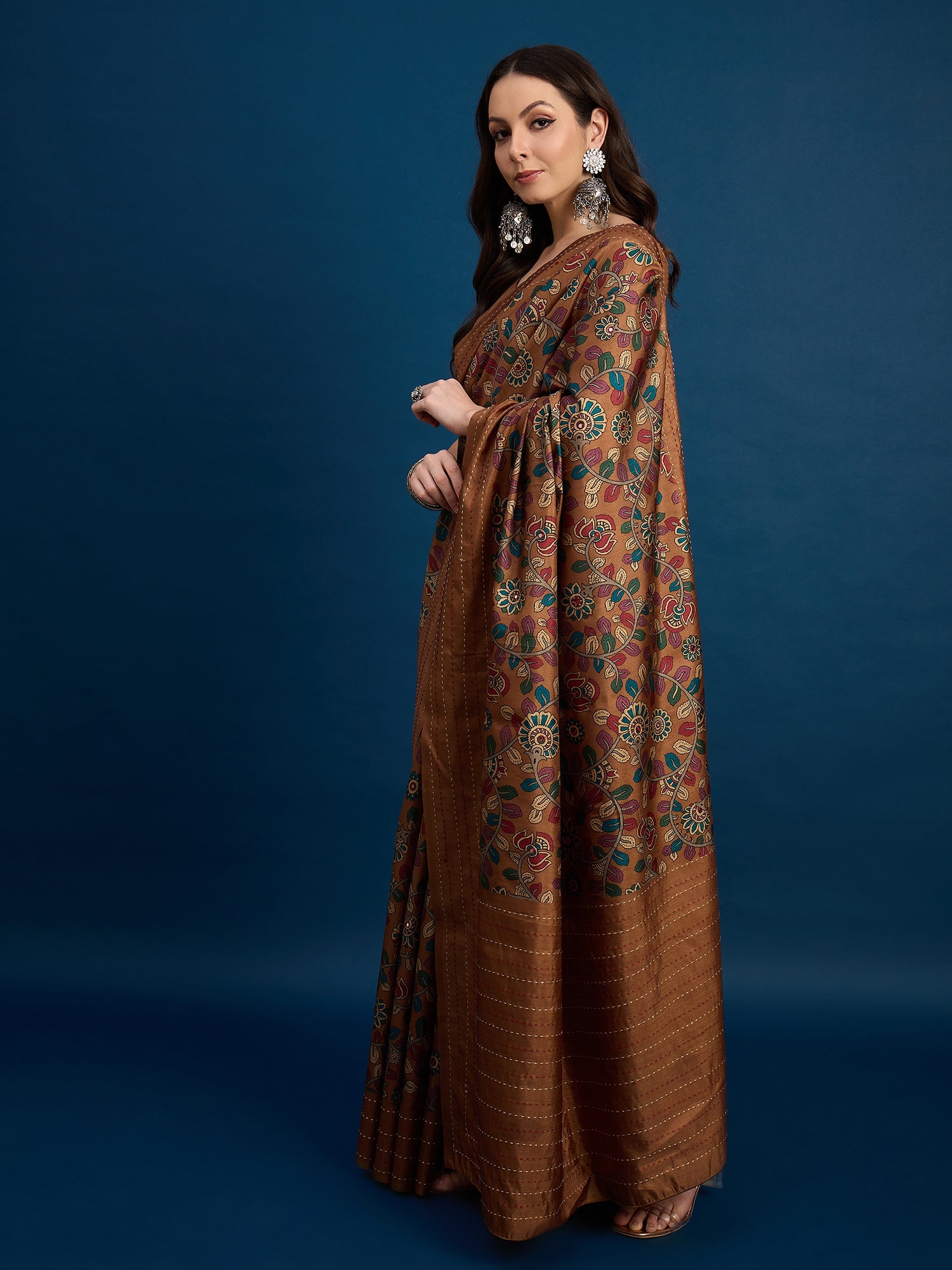 Brown Silk Blend Heritage Floral Print Zari Woven Border Saree - Ressa