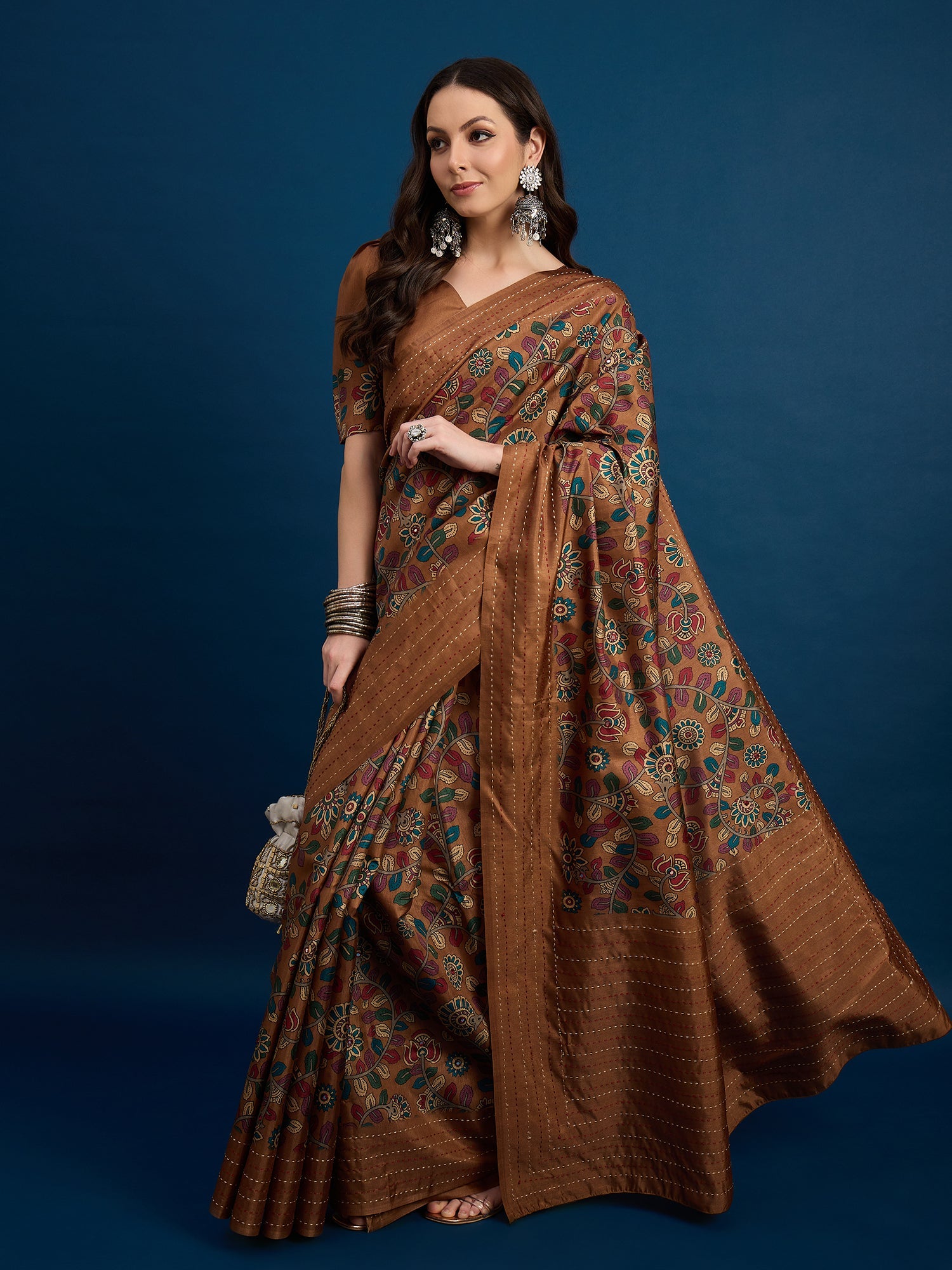 Brown Silk Blend Heritage Floral Print Zari Woven Border Saree - Ressa