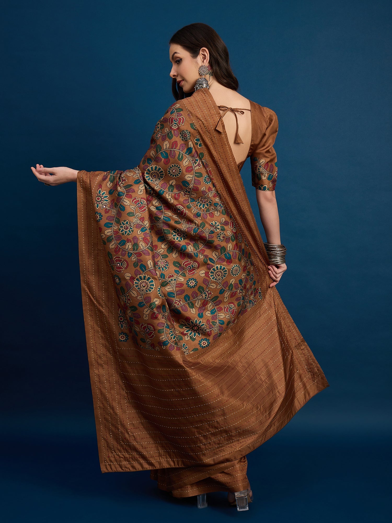 Brown Silk Blend Heritage Floral Print Zari Woven Border Saree - Ressa