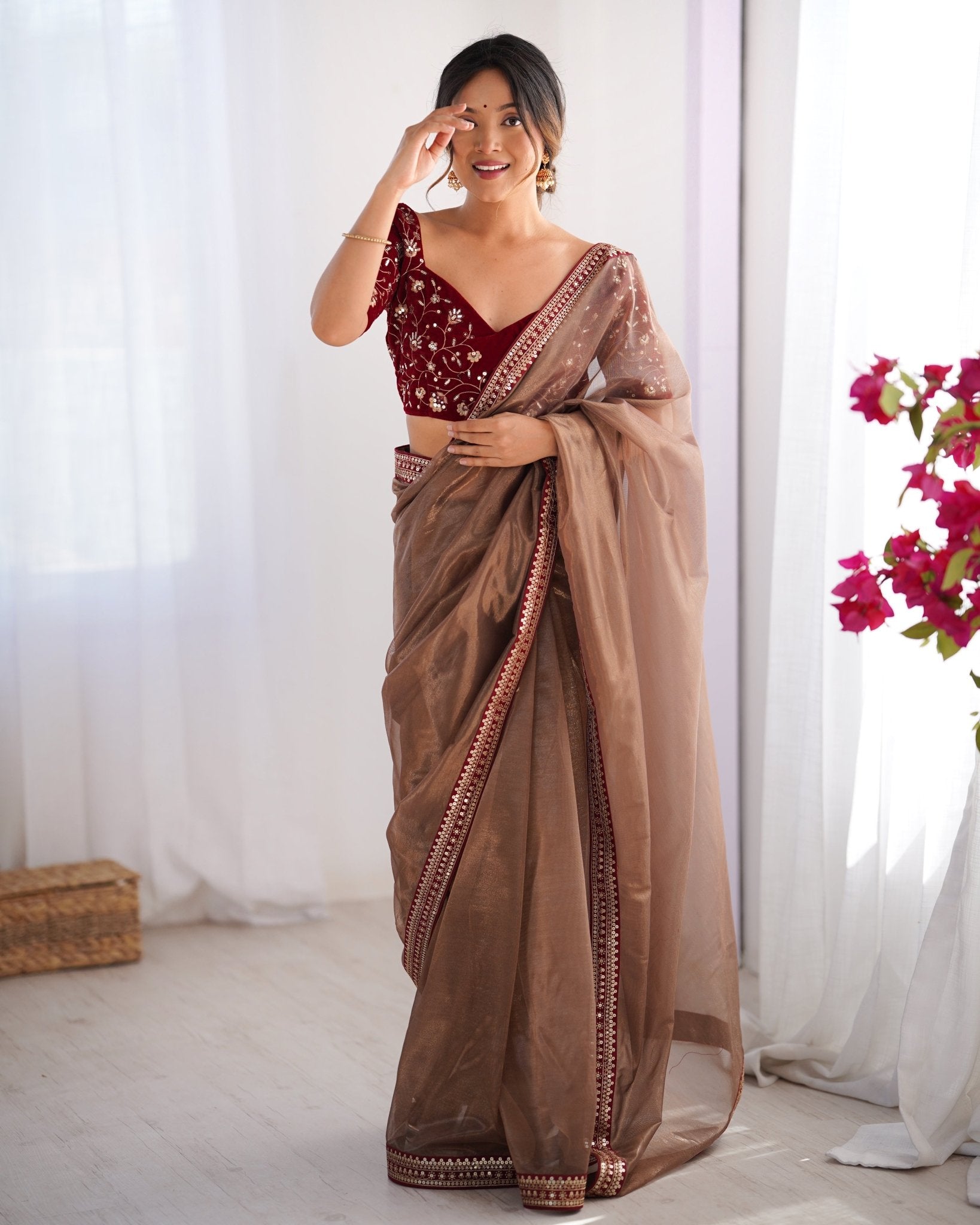 Brown Supernet Saree with Embroidered Velvet Blouse - Ressa