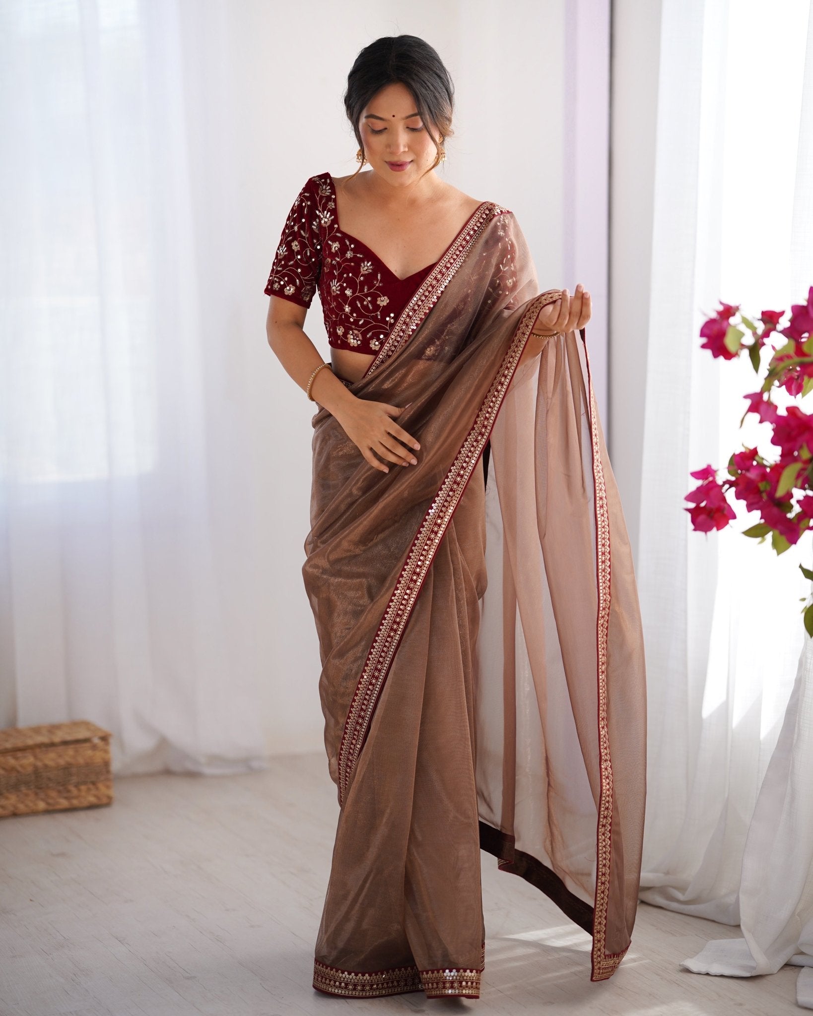 Brown Supernet Saree with Embroidered Velvet Blouse - Ressa