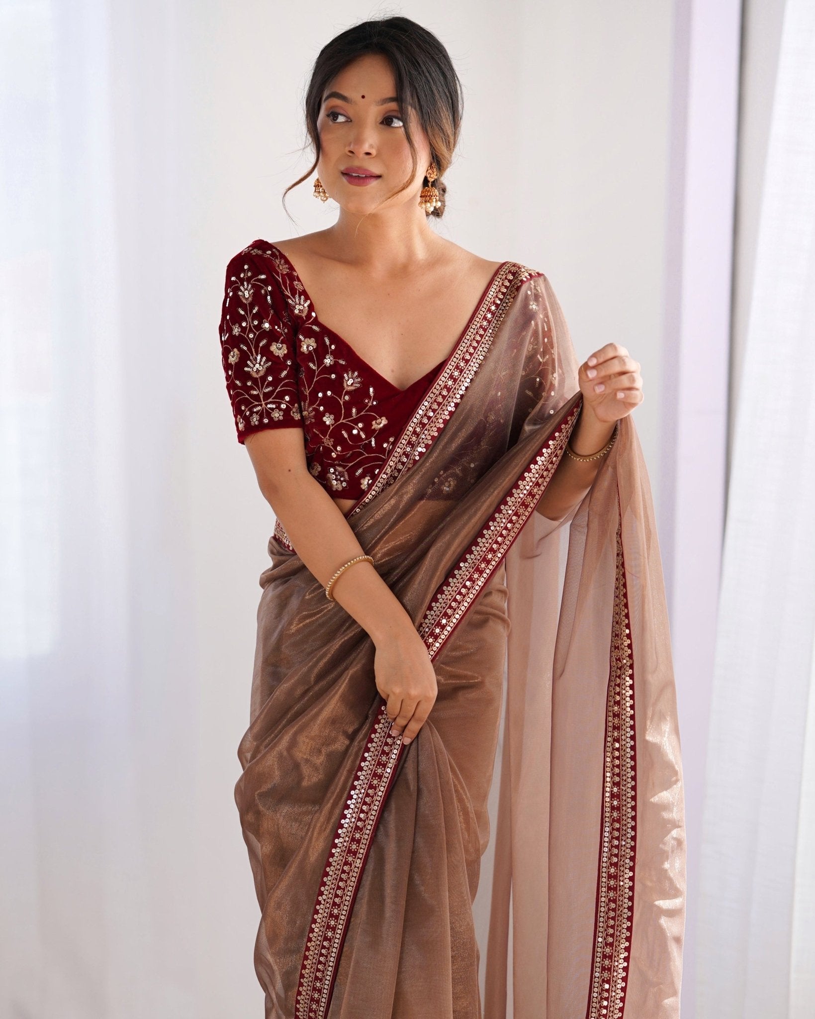 Brown Supernet Saree with Embroidered Velvet Blouse - Ressa
