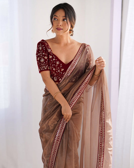Brown Supernet Saree with Embroidered Velvet Blouse - Ressa
