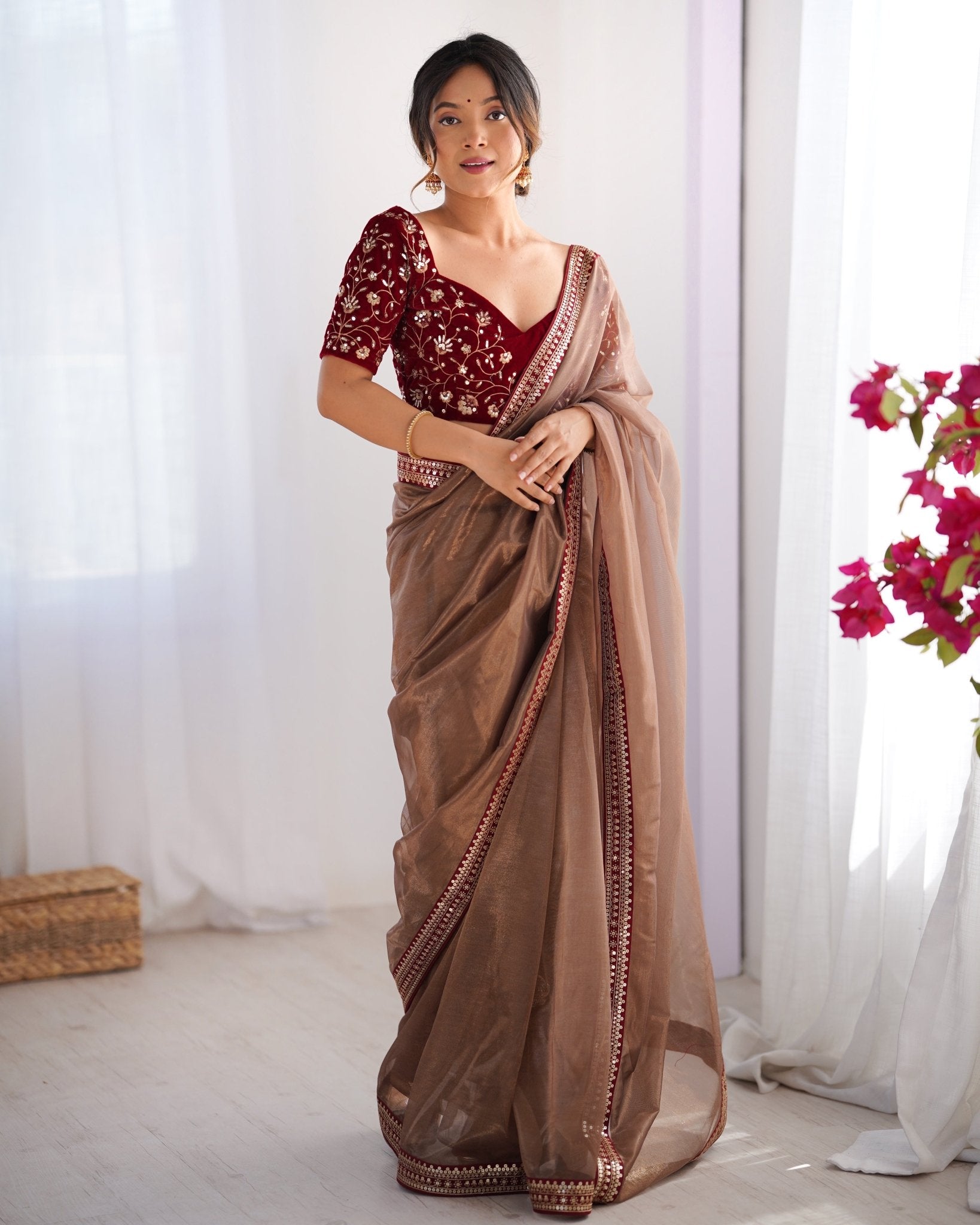 Brown Supernet Saree with Embroidered Velvet Blouse - Ressa