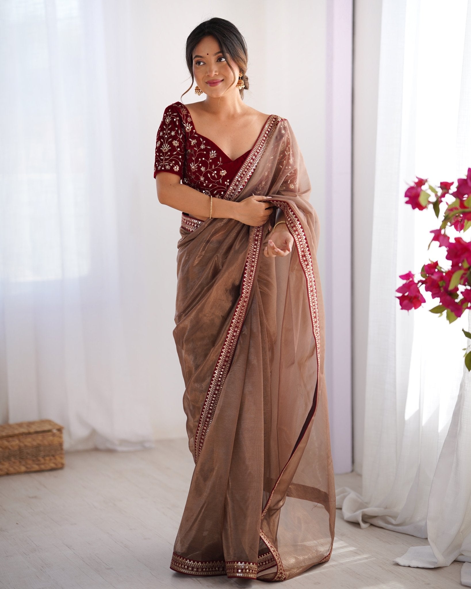 Brown Supernet Saree with Embroidered Velvet Blouse - Ressa