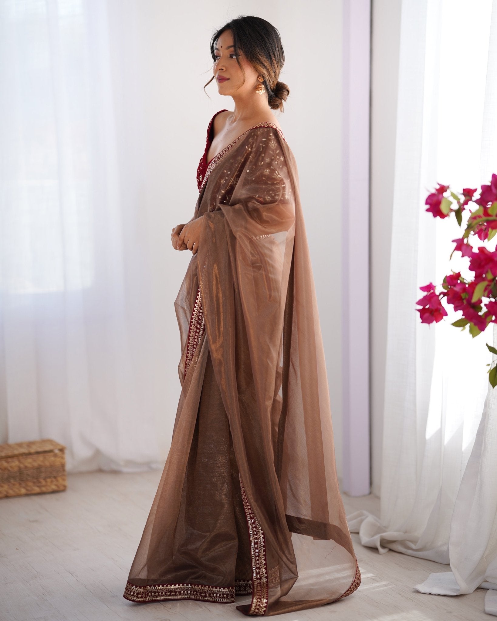 Brown Supernet Saree with Embroidered Velvet Blouse - Ressa