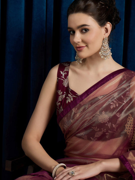 Burgandy Supernet Saree with Gold Zari - Ressa