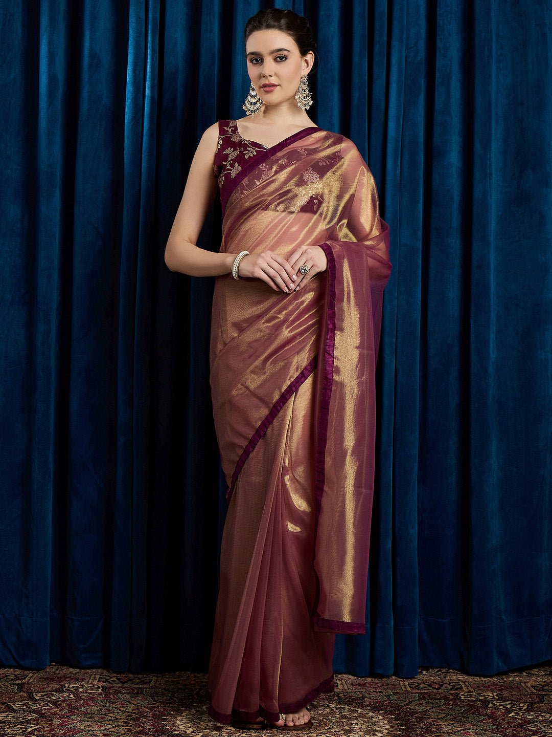 Burgandy Supernet Saree with Gold Zari - Ressa