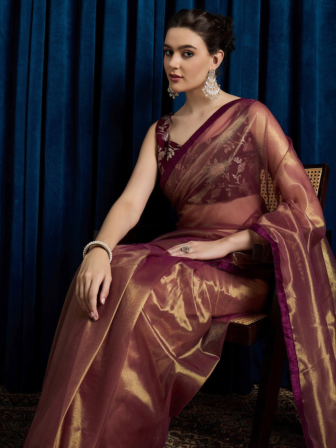 Burgandy Supernet Saree with Gold Zari - Ressa