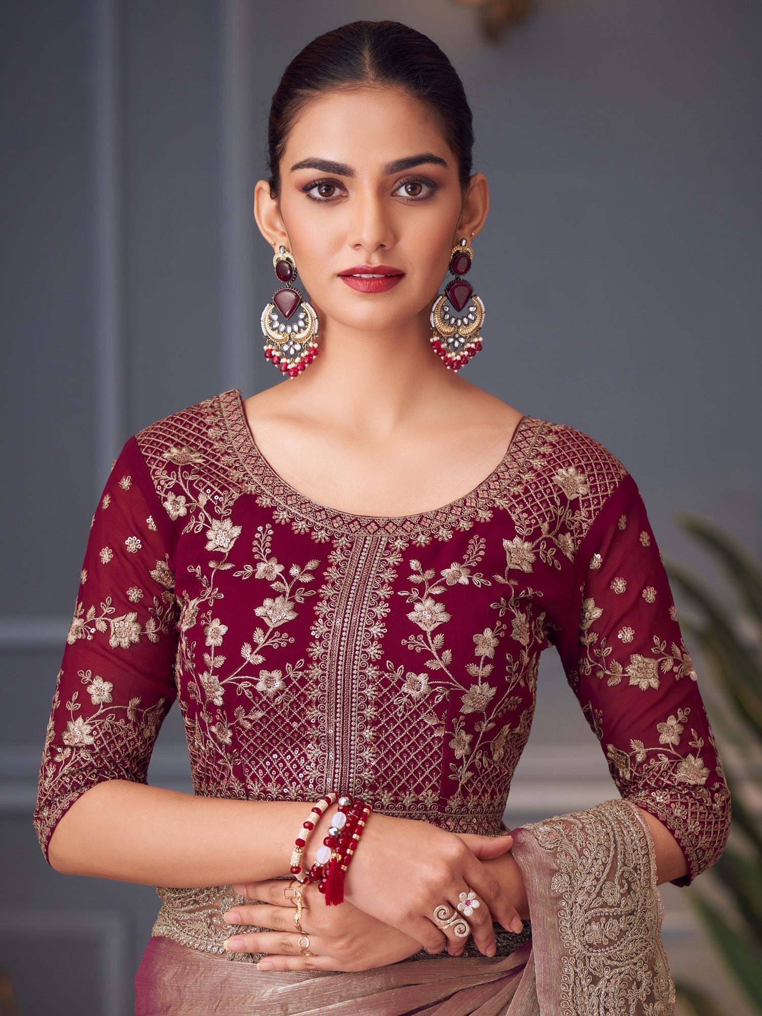 Burgundy Chiffon Emblished Party Wear - Ressa